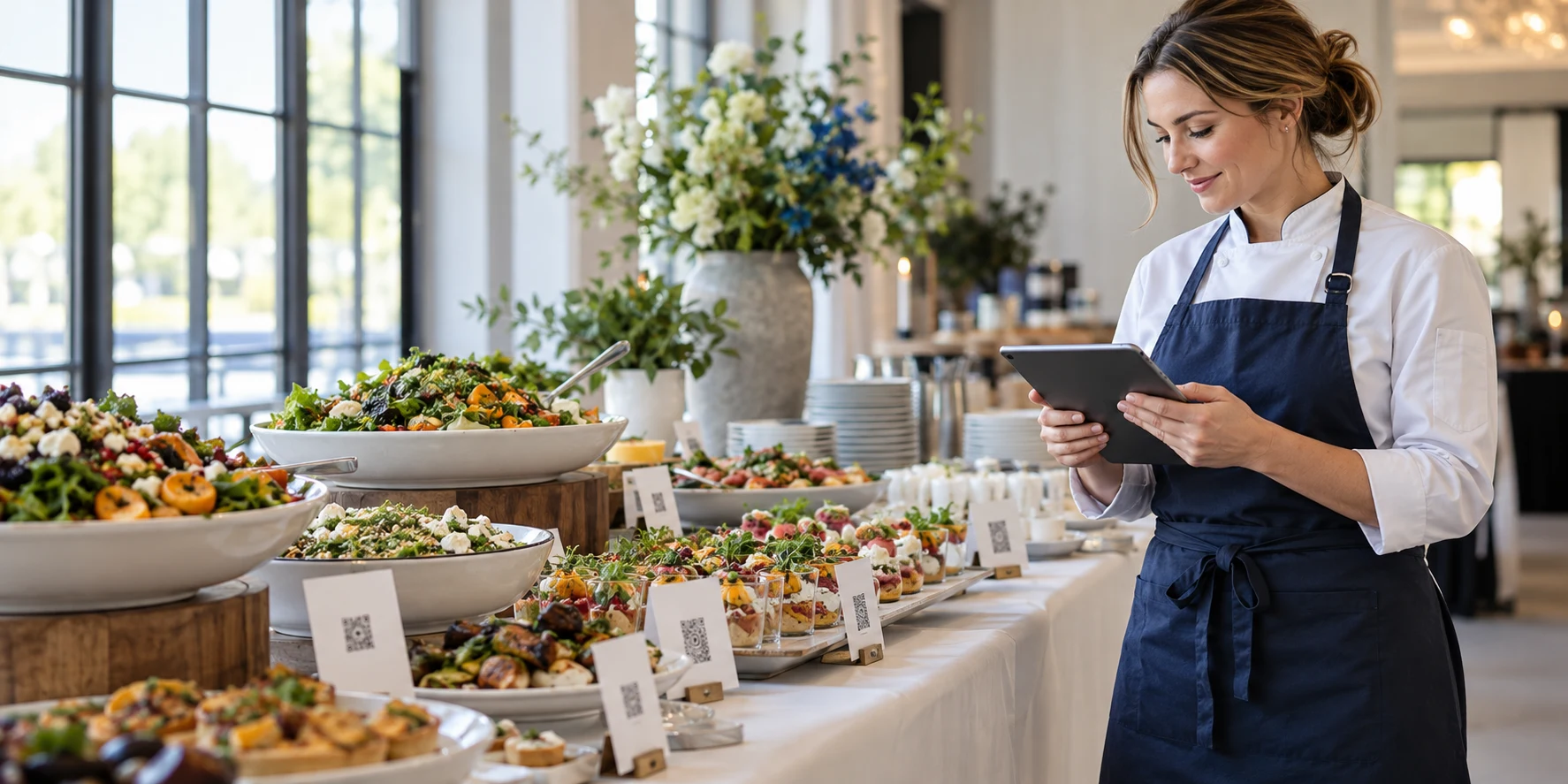 Cateringmedewerker met tablet bij een buffet met QR-kaartjes